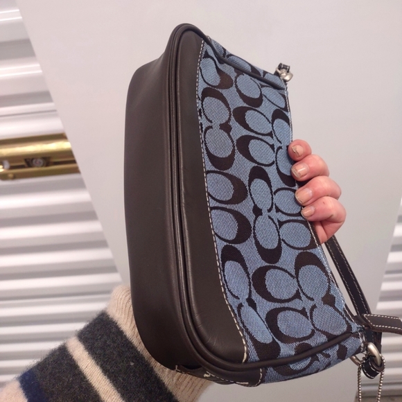 COACH Signature Demi Shoulder Bag in Blue and Chocolate Brown. - Picture 5 of 10